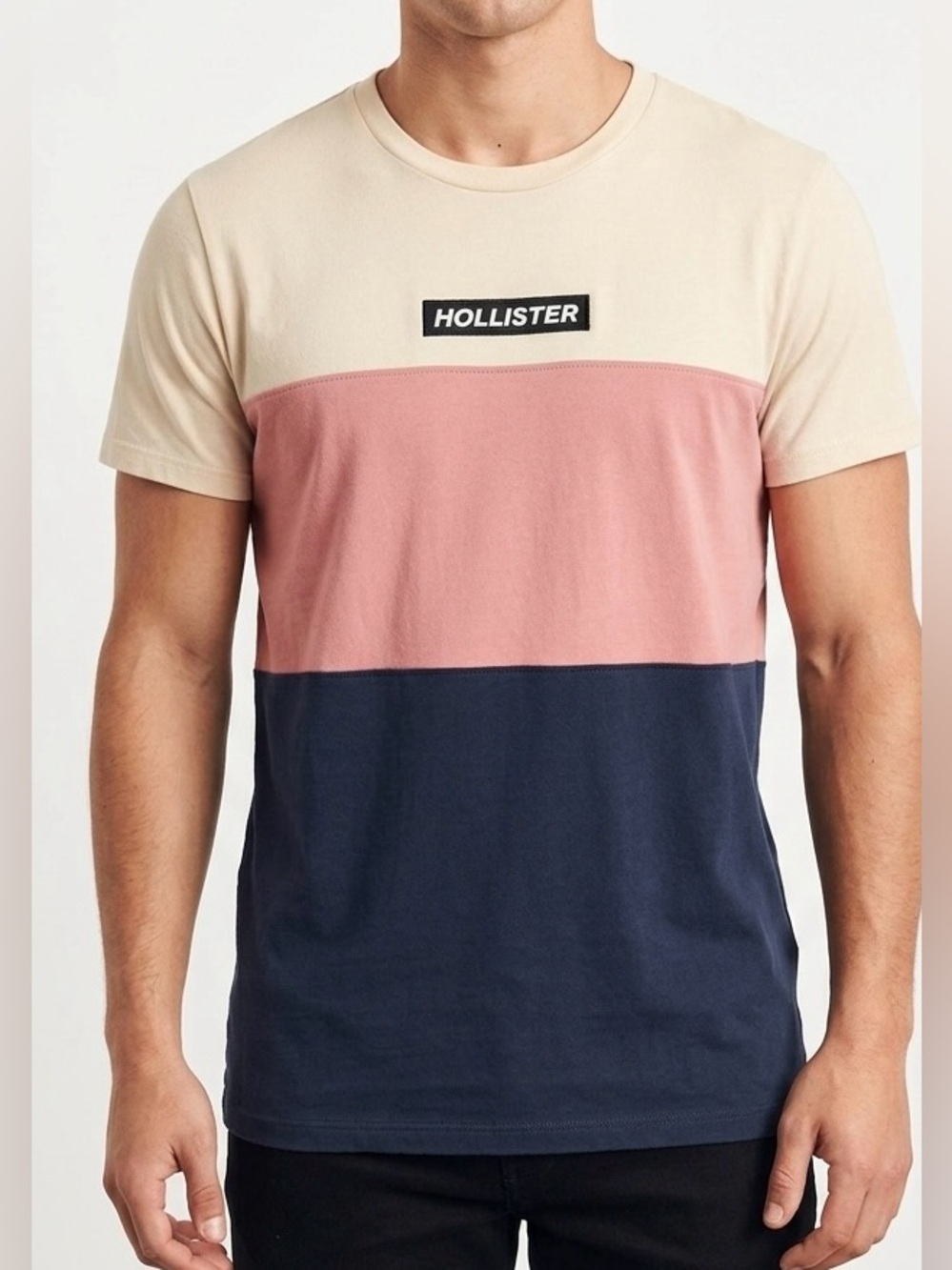 Hollister Colorblock Logo Graphic Tee Cream Pink Navy Sporty Prep Minimalist
